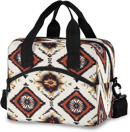 [BRSREFAEOV6RYFL5] ALAZA Brown Ethnic Aztec Pattern Lunch Box for Men Women Adults Insulated Lunch Bag Cooler Bag with Adjustable Shoulder Strap for Work Picnic Travel