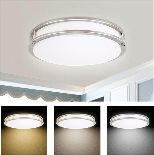 [BRSRAYYYAEMAK2YZ] 14 inch LED Flush Mount Ceiling Light Fixture, 3000K/4000K/5000K Adjustable Ceiling Lights, Dimmable Lighting for Bathroom Hallway Kitchen Stairwell, Brushed Nickel, ETL Listed