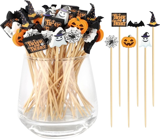 [BRSREFIOCQCQECTD] 120 Halloween Cocktail Picks, 8 Kind of Bamboo Pumpkin Ghost Spider Hat Bat eyeball Decorative toothpicks for appetizers, 4.7 IN Food Sticks Charcuterie Skewers for Halloween Themed Party