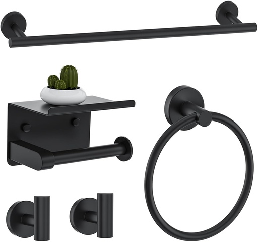 [BRSRAHAPCUBAKFLV] Matte Black Bathroom Hardware Accessories Set 5-Piece Towel Bar Set Includes 23.6in Towel Bar Toilet Paper Holder with Shelf,Towel Holder Set for Bathroom Stainless Steel Wall-Mounted
