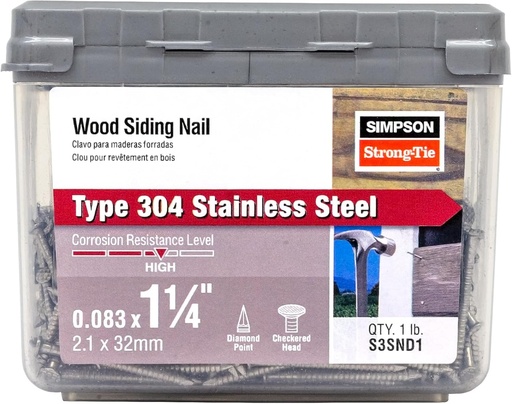 [BRSWIZI3CR7QCAAZ] Simpson Strong-Tie S3SND1 Ring-Shank Wood Siding Nail, 1-1/4 Inch x 0.083 Inch 14 Gauge, Full Round Head, Diamond Point, Type 304 Stainless Steel (Pack of 120)