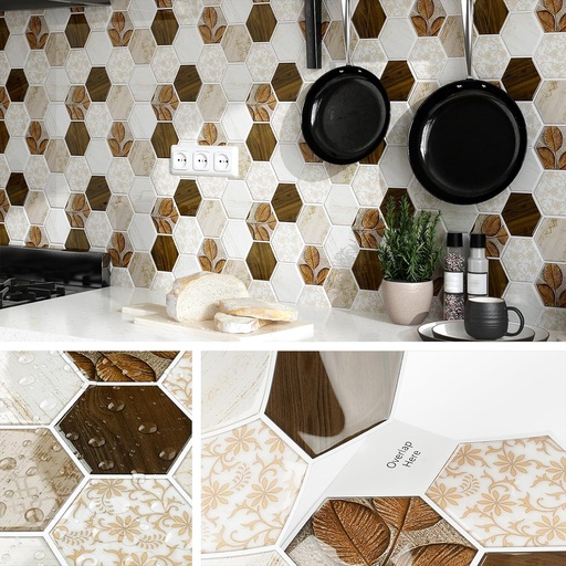 [BRSROYD6AEMBQ2AY] Livelynine Peel and Stick Backsplash Tile for Kitchen Boho Hexagon 12X12 4-Tiles Back Splashes for Kitchens Peel and Stick Tile Stickers for Bathroom Shower Walls Waterproof Self Adhesive Wall Tiles