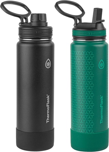 [BRSROHTYAQBWGCD6] Thermoflask 24 oz Double Wall Vacuum Insulated Stainless Steel 2-Pack of Water Bottles, Black/Malachite