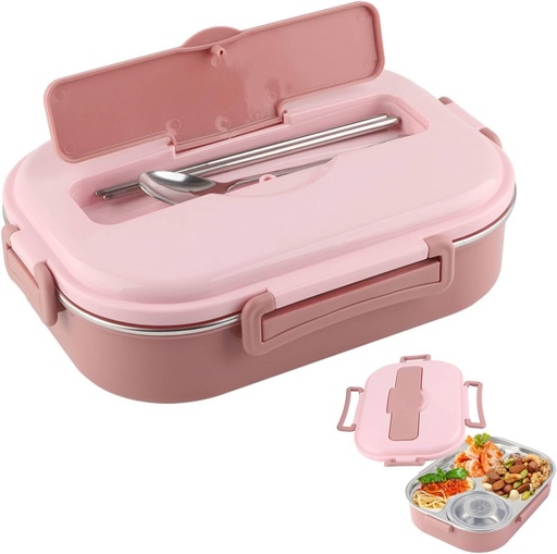 [BRSW2FILOZ4A43TX] Niiyen 1500ml Lunch Box 4 Compartments Pink Food Lunch Containers with Spoon Chopsticks & Soup Bowl Adult Kids Bento Lunch Box with Tableware Removable Liner, for School Office Picnic