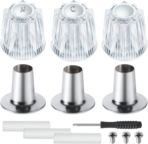 [BRSRAAQZBYDWMG3X] Shower Knobs 3 Piece Replacement and Flange Base, Clear Acrylic Plastic Hot/Cold/Diverter Shower Knob Compatible with Price Pfister Contessa and Windsor Bathtub Shower Faucet Handle