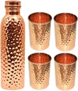 Pure Copper 1000 ML Water Bottle with 4 Copper Glass Drinkware Sets For Home Kitchen And Office - Pack Of 5