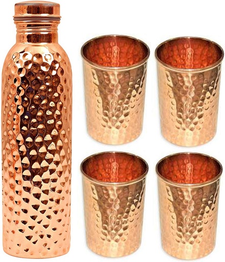 [BRSWYBQ3BZ5RQ3QV] Pure Copper 1000 ML Water Bottle with 4 Copper Glass Drinkware Sets For Home Kitchen And Office - Pack Of 5
