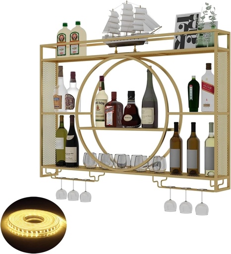 [BRSRAHYCAEMGC2TK] Wine Rack Wall Mounted with LED Light ＆ Wine Glass Holder,Iron Bar Liquor Shelf,Floating Wall Wine Shelves,Liquor Bottle Display Shelf,Wine Glass Storage Racks,for Kitchen Wine Cellar,Gold/B