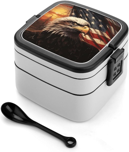 [BRSRAFQCCJYB633H] Flag And Eagle Bento Box Double Layer Lunch Box for Adults with Spoon And Handle Stackable Lunchbox Leakproof Lunch Container for Work Picnic Travel