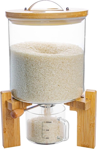 [BRSWYZAYDMHBOFYY] Rice Dispenser, Rice Storage Container, Flour and Cereal Container for Kitchen Organization and Pantry Store, Glass Cereal dispenser with Airtight Lid and Wooden Stand 5L