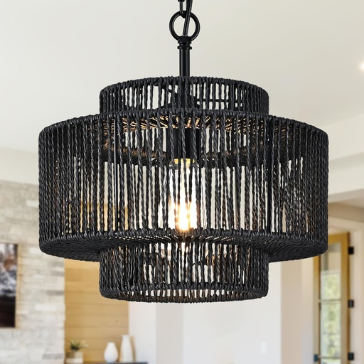 [BRSRAGA3PMPQ4E35] 12.4" Black Woven Pendant Light 1 Light Black Rattan Chandelier Hand-Woven Rattans Chandelier 3-Tier Rattan Pendant Farmhouse Chandeliers Light Fixture for Dining Room Living Room