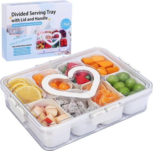 [BRSRA2T2AUORO33P] Snack Box Container, Portable Snack Box Container, Divided Serving Tray with Lid and Handle Snackle Box, Clear Organizer for Veggie, Tray, Candy, Fruits, Nuts, Snacks (8 Compartments)