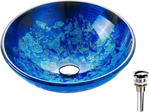 [BRSW2ZYDCJ6W2EY3] Blue OceanMystery Series Tempered Deco Glass Vessel Bathroom Sink in Starry Blue | Top Mount Sinks Above Countertop | Vanity Countertop Sink Bowl with Pop Up Drain |FW-LA604