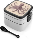 Vintage Octopus Bento Box Leak-Proof Double Layered Lunch Containers with Spoons And Invisible Handle, Portable Lunch Boxes for Work Picnic Travel