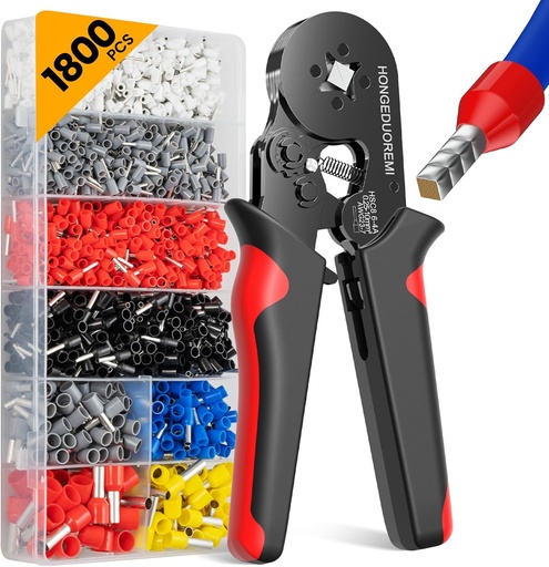 [BRSRAAADPIFBAF3K] Ferrule Crimping Tool Kit,Wire Ferrule Kit Crimper Connectors，4 corners Self-adjustable AWG23-7 gauge 1800PCS Ferrules Electrical Terminal，Crimpers Tools Pin Terminals Ratchet Pliers for Audio,Car,DIY