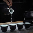 Dishware 7-Piece Japanese Sake Set, Glaze Sake Set with Warmer and Candle Stove, Creative Curved Lip Design, Anti-Scald Non-Slip Comfortable Wood Handle Sake pots