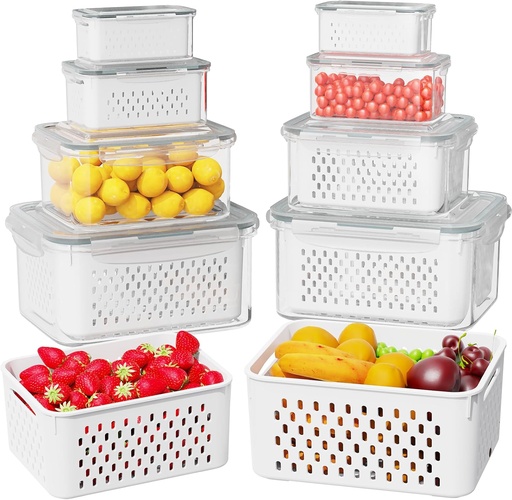 [BRSRE232PMCGCELB] 8 Pcs Fruit Storage Containers for Fridge (with Drain Basket) - Leak-Proof Food Containers, BPA-Free, Keep Fruits, Vegetables, Berries, and Meats Fresh for a Long Time, Dishwasher and Microwave Safe