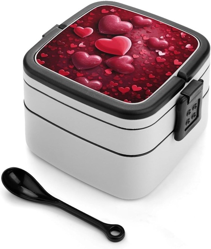 [BRSRA2T2BUPBOE3K] Valentines Love Hearts Bento Box Adult Lunch Box All-in-One Lunch Containers with Removable Compartments Double Layer Bento Lunch Box with Spoon And Handle Stackable Lunchbox