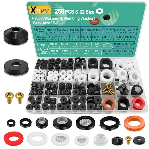 [BRSRMCY7BAHQYAIY] 32 Size 258 Pcs Faucet and Plumbing Rubber Washers Assortment Kit for Assorted Garden Hose Valve Spigot Adapter Splitter Outdoor Faucet Bibb Shower Hose Gasket Repair