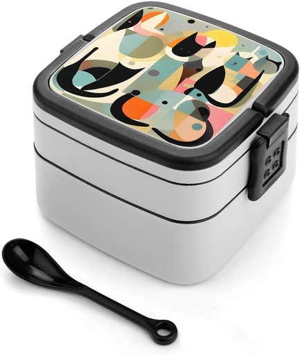 [BRSRAZI6OIHW2C37] Mid-Century Modern Art Cat Bento Box Adult Lunch Box All-in-One Lunch Containers with Removable Compartments Double Layer Bento Lunch Box with Spoon And Handle Stackable Lunchbox
