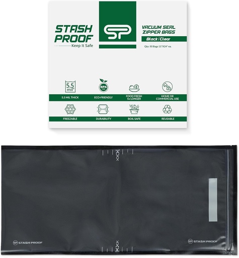 [BRSROGA5PMDRM2DU] Resealable Zipper Vacuum Seal Bags 11" x 24" (50 Count) 5.5 Mil (Black and Clear) - BPA Free Commerical Grade Food Saver for Storage, Sous Vide, and Meal Prep Sealer Bag