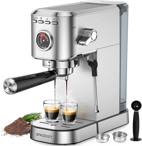 [BRSRAHT4DMIROGQ4] Spacekey Espresso Machine 20 Bar, Professional 1350W Espresso Maker with Milk Frother, Compact Stainless Steel Cappuccino & Latte & Americano Maker with 39oz Removable Water Tank, Silver