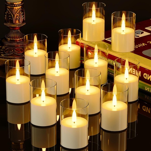 [BRSROHAPDJ5BS2DO] 12Pack Flickering Flameless LED Candles with Timer, Battery Powered - Small Pillar & Votive, Clear (2"X3")