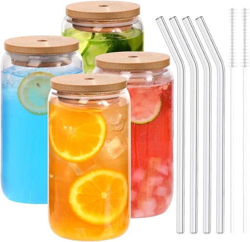 [BRSROAY7OJYBGD3A] 4pcs Transparent Can Glass Cups with Bamboo Lids & Stainless Steel Straw Large Thick Drinking Glasses Set Can Shaped Beer Glasses Tumbler for Cold Drink Juice Coffee