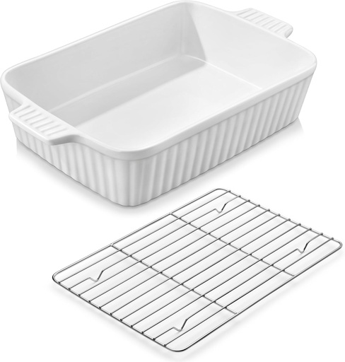 [BRSRE2QYO4FGMAA4] MALACASA 4.4 QT Baking Dish with Rack, 9x13 Large Casserole Dish for Oven, Ceramic Baking Pan with Rack, Rectangular Lasagna Pan Deep with Handles for Baking, Durable Microwave Oven Safe, White