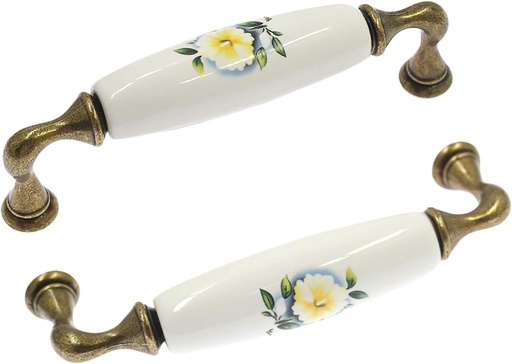 [BRSWYFANOICQI3A4] 4pcs Antique Ceramic Cabinet Pulls Yellow Flower Pattern Drawer Pulls Vintage Bronze Dresser Wardrobe Pull Handles (4.33" Length, 3.75" Hole Center)