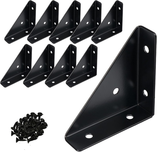 [BRSROAYTAR7GY2D6] 2-9/16" Triangle Corner Braces Bracket (10 Pack) - Metal Angle Shelf Connector Brackets with Screws for Wood Shelves Furniture| Bookshelves/ Beds/ Tables/ Cabinets/ Desk (Black)