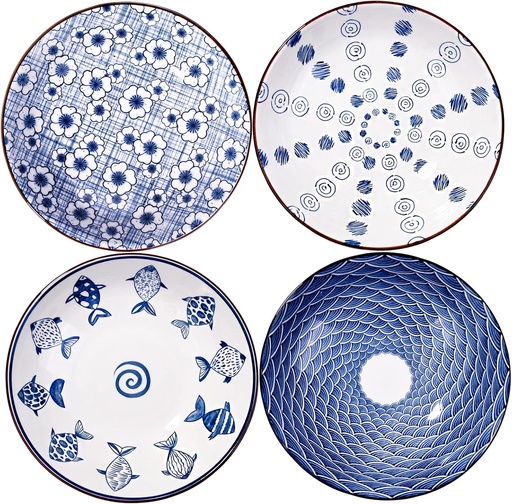 [BRSW2ZI3AAJRY2DX] Ceramic Dinner Plate Set of 4 Pasta Bowls Blue and White Plates for Pasta Appetizer Dessert and Snack Microwave Oven and Dishwasher Safe
