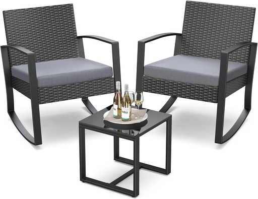 [BRSW2EINBUIR63A3] 3 Pieces Outdoor Patio Furniture Set Rocking Bistro Set Outdoor Rattan Conversation with Coffee Table for Garden Balcony Backyard Poolside (Grey Cushion)