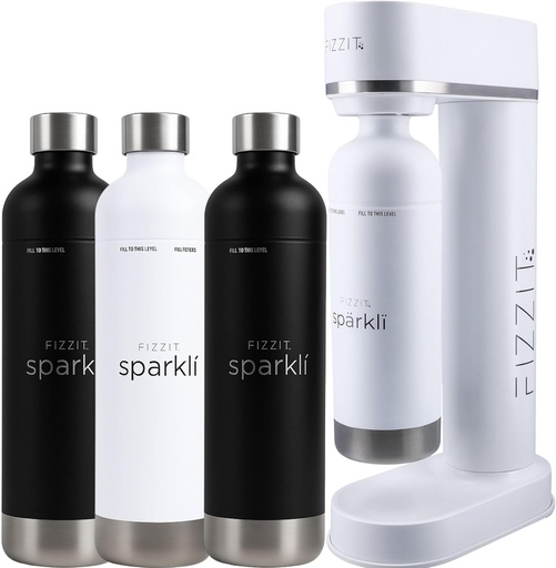 [BRSREGIBBANBU2AY] Fizzit Spärklï Carbonated Water Soda Maker in White with 2 Black Stainless Steel Bottles & 1 White Stainless Steel Bottle
