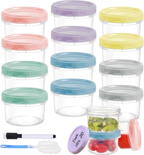 [BRSRAED3AB7REFD3] 12pcs 8 oz Plastic Containers with Screw Lids, Reusable Clear Food Storage Containers with Pen and Brush for Snack Salad Fruit, Leakproof Small Freezer Containers, Microwave & Dishwasher Safe