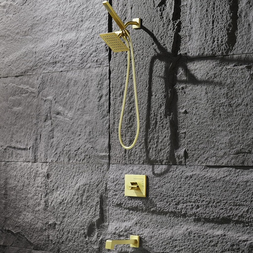 [BRSROAT3OR5W22QV] Brushed Gold Shower Fixture, Gold Shower Faucet Set Dual Shower Heads with Handheld Spray Combo and Tub Spout, All Metal Dual Shower Head Combo and 3-Way Diverter,Gold Shower Head and Handle Set