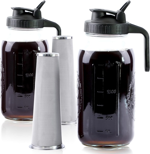 [BRSRAFT5PIDW233Z] Cold Brew Coffee Maker 64 Oz Mason Jar Iced Coffee Maker 2 Set Half Gallon Glass Pitcher With Pour Spout Lids 2 Quart Wide Mouth Cold Brew Pitcher With Strainer For Fridge, Lemonade, Cold Brew, Milk
