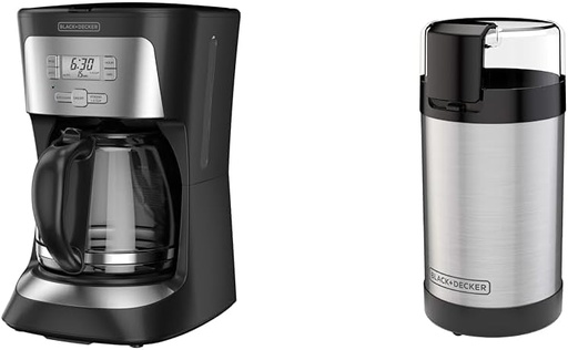 [BRSROAAYDENBAAIZ] BLACK+DECKER 12-Cup Programmable Coffee Maker, Black & Grinder One Touch Push-Button Control, 2/3 Cup Coffee Bean Capacity, Stainless Steel