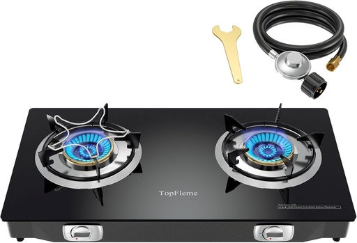 [BRSRAAQEAB6BYCTD] 2 Burner Propane Stove 27,200 BTU High-Efficiency Tempered Glass Auto-Ignition Gas Burner Stove Top with CSA Hose for Outdoor RV Camping Emergency Cooking