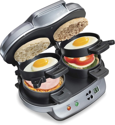 [BRSWIHD2B55RAFDK] Hamilton Beach Dual Breakfast Sandwich Maker with Timer, Ready in 5 Minutes, Removable Dishwasher Safe PFAS-Free Non-Stick Egg Cooker Ring, Silver (25490MNA)