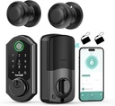 Hornbill Front Door Lock Set: WiFi Keyless Entry Smart Deadbolt Knob with Fingerprint Keypad App Code Fobs Remote Control Alexa Google, Digital Electronic Touchscreen Lock for Exterior, Matt Black