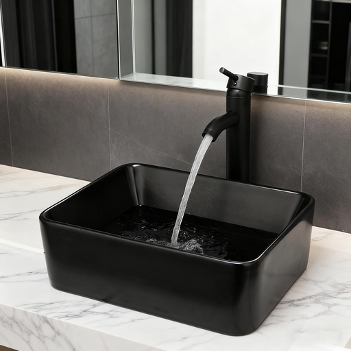 [BRSRO2TYAB6WY2TV] Bathroom Vessel Sink with Faucet and Pop-Up Drain Combo Rectangular Ceramic Vessel Sink Matte Black Bathroom Sink Above Counter Modern Artistic Porcelain Sink Bowl