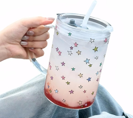[BRSRAFQDBN7R4ELZ] Cute Star Glass Cup Tumbler With Lid And Straw 1000ml Large Glass Bottle With Handle For Hot Iced Coffee Tea Smoothies Juice Beer Kawaii Portable Glass Mug Wide Mouth Aesthetic Water Cup