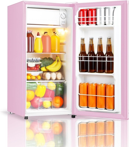 [BRSRAEILBUCGECT2] Seaoola Mini Fridge with Freezer, Single Door 3.1 Cu.Ft, Compact Mini Refrigerator, LED Light, Adjustable Thermostat, Removable Glass Shelves, Small Refrigerator for Dorm/Office/Bedroom(Pink)