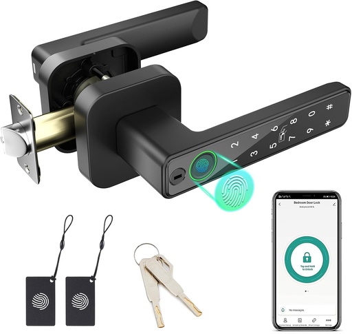 [BRSREFQLOUFW2CDU] FITNATE Smart Fingerprint Door Lock, Keyless Entry Door Lever with APP, IC Card, Code, Key & Biometric Unlock for Bedroom, Home, Hotel, Office, Apartment