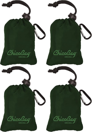 [BRSWGATROUARE2QY] ChicoBag Original Compact Reusable Grocery Bag w/Attached Pouch and Carabiner Clip | Perfect for Shopping, Travel, Organization | Eco-Conscious Packable Tote | Fairway (Pack of 4)