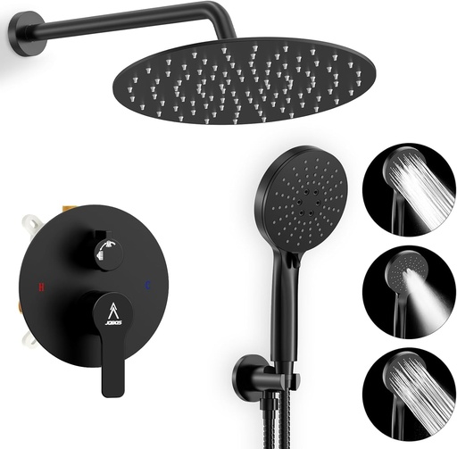 [BRSROCABO56A2AYV] Shower Faucet Set 10IN Brass Rough-In Valve Body Trim Kit Rainfall Included Handle Accessories Complete 2 Functions with Rain Head and Handheld Bathroom Systems (10'', Matte Black)