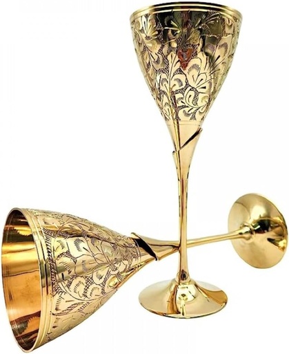 [BRSROFLYAQAWK2AY] Royal Brass Drinkware Set Of 2 | Engraved Brass Goblet Champagne Flutes Coupes Wine Glass Set for Valentine's Wedding Christmas Housewarming Gifts |Clubs (Golden)
