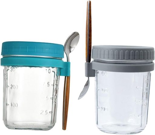 [BRSREEIPPICWGA32] 2 Sets of 350ml Overnight Oats Cups with Lids and Spoons Portable Glass Breakfast Containers for Oatmeal Yogurt and Salads Wide Mouth Food Storage Jars