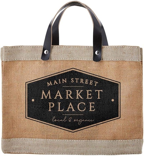 [BRSWYBAPPMCGA33Z] Santa Barbara Design Studio Main Street Farmers Market Tote, Reusable Burlap Grocery Bag with Leather Handle, Purse for Beach or Picnics, Food Lovers Gift Idea, 12.5 x 9.5 Inches